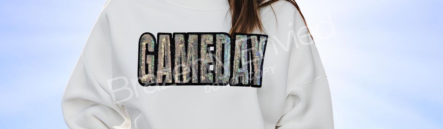 Game Day Patch| Iron On Patch |Sequins Gameday Patch |Great Game Day Patch| Mascot Patch | Great Sports Patch-Silver/Black