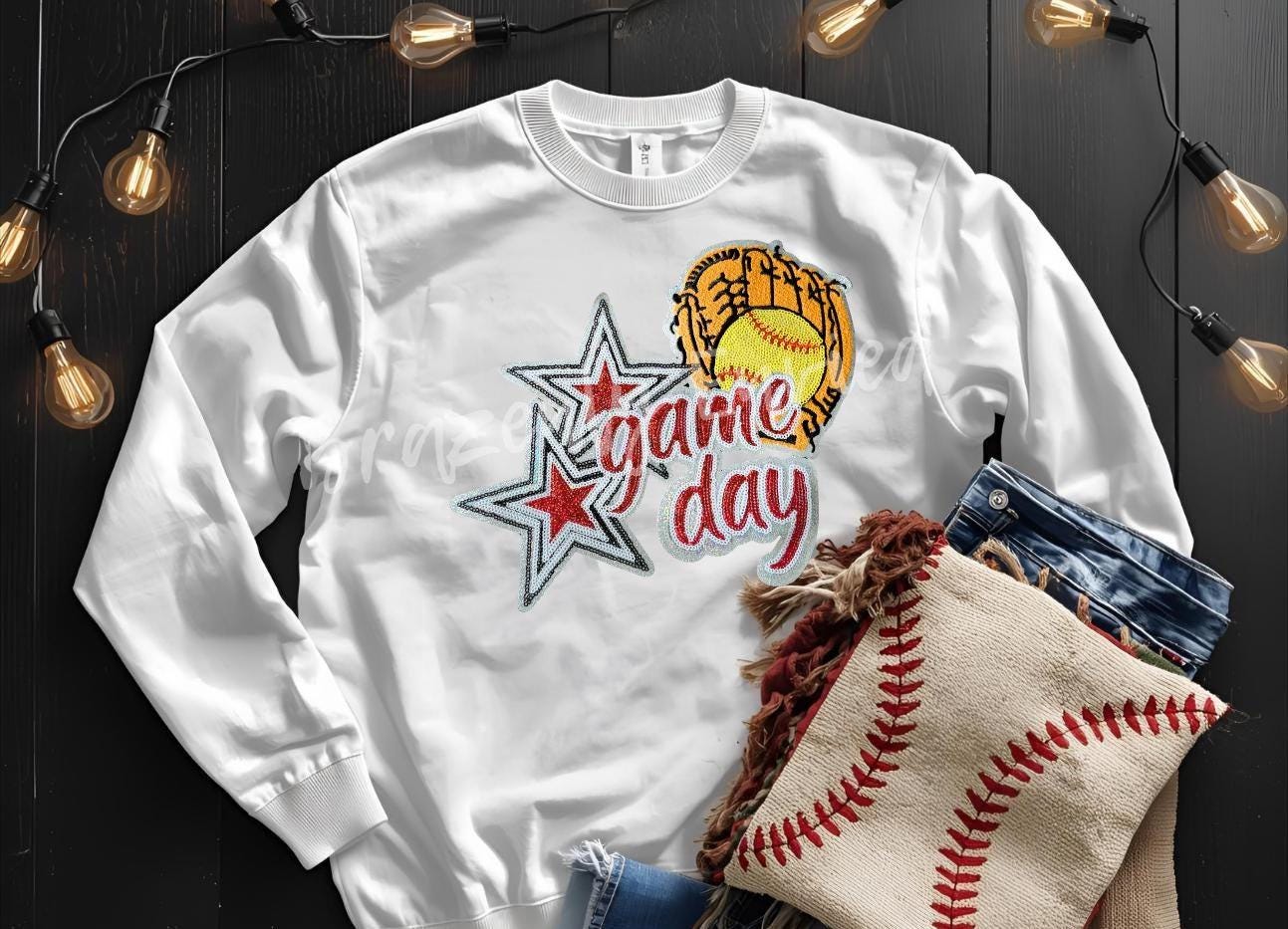 Game Day Softball Patch Sequins Patch Red with Embroidered Glove