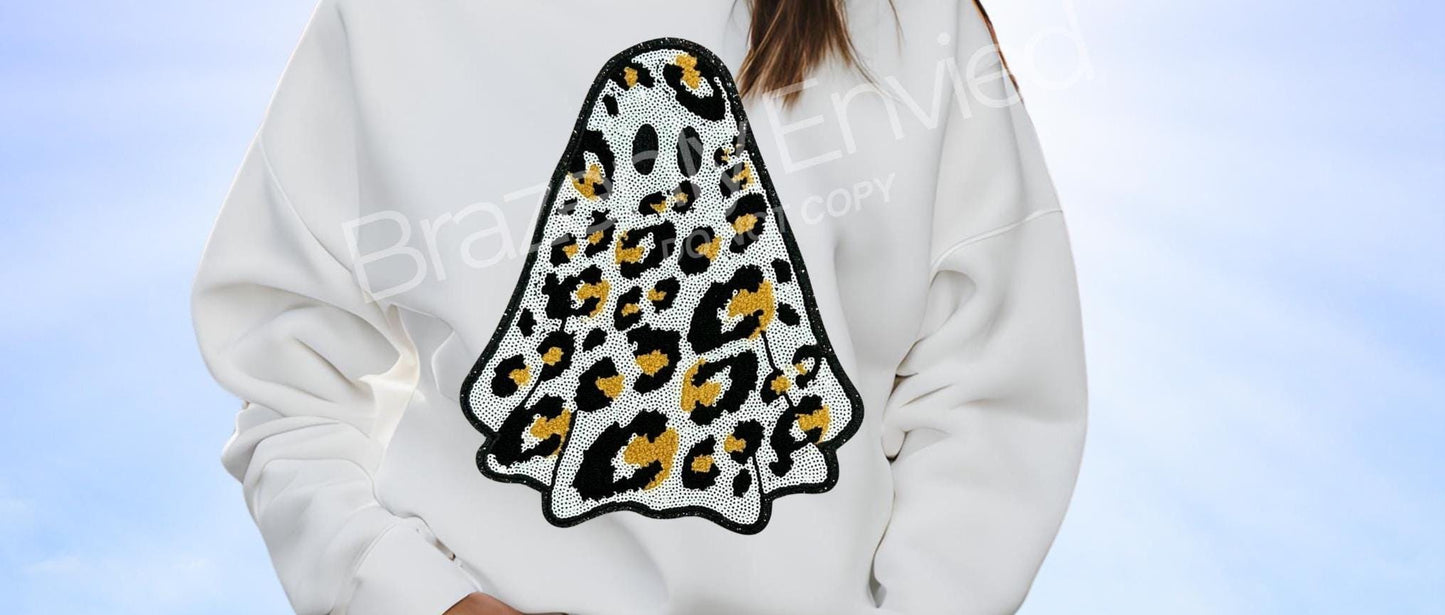 Leopard Ghost Patch | Adult Halloween Iron On Patch | Large Ghost Applique | Sweatshirt Patch | Jean Jacket Patch | Spooky Season