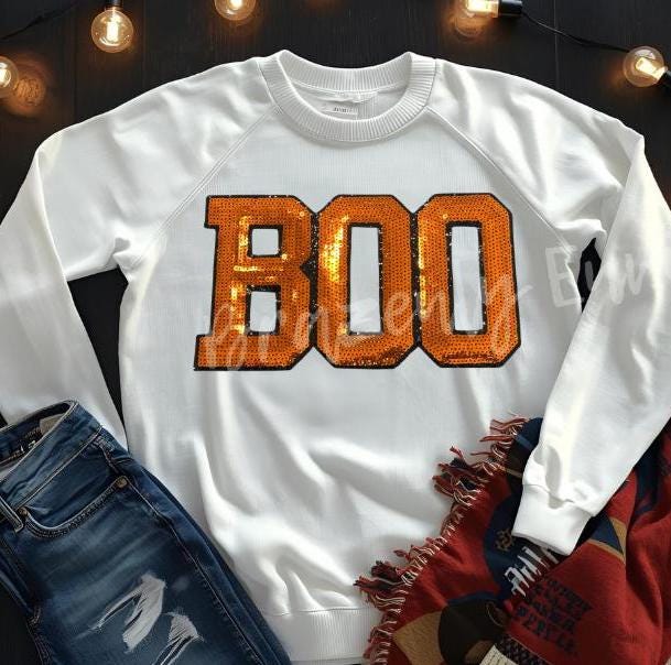 BOO Sequin Patch | Orange Halloween Iron On Patch | Large Spooky Sweatshirt Patch | Halloween Shirt Applique | @ 6.5x11"
