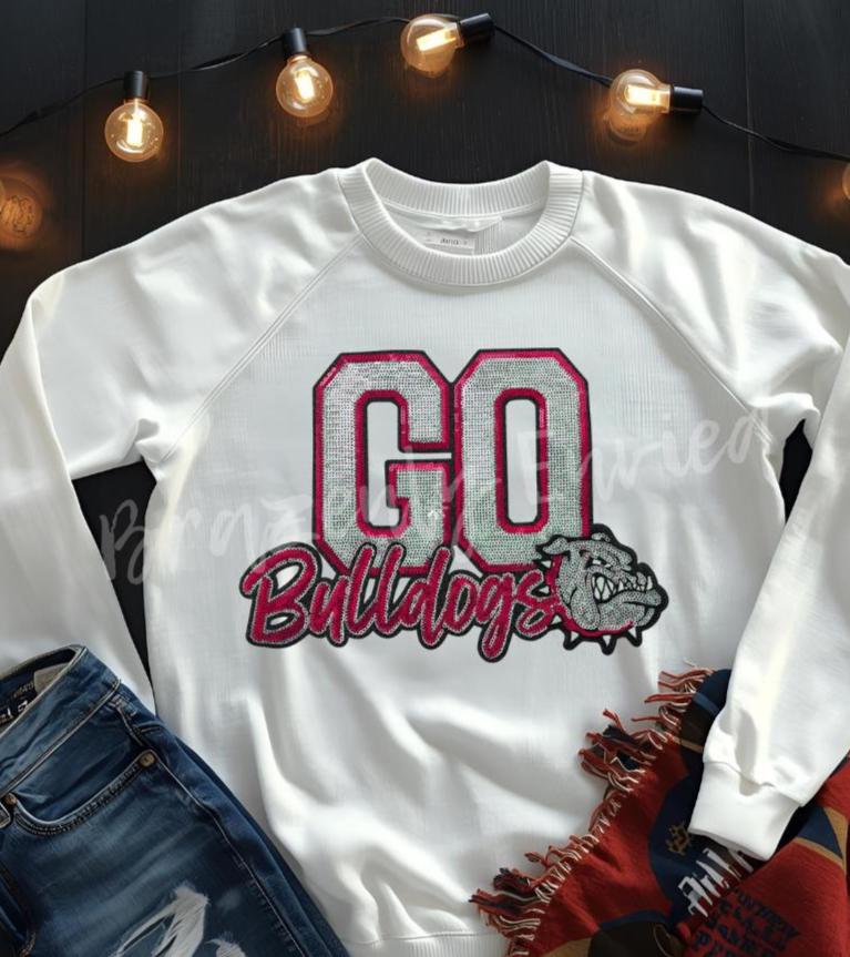 Bulldog Patch-Go Bulldogs SILVER and Red Sequins with Black Glitter Backing Iron On Applique