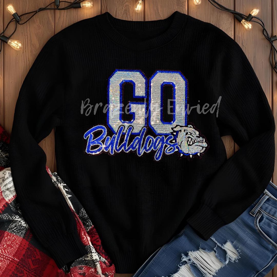 Bulldog Patch-Go Bulldogs SILVER and Royal Blue Sequins Iron On