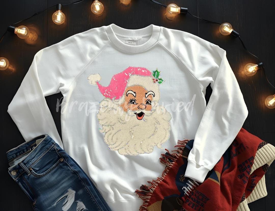 Santa Patch | Pink Sequins Hat with Chenille Santa Face Christmas Patch