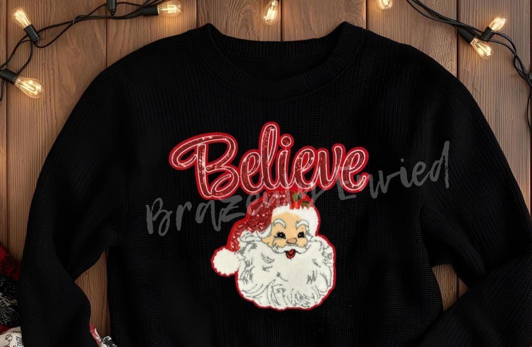 Santa Patch | Red Believe with Sequins Hat and Chenille Santa Face Patch| Iron On Patch | Christmas Patch | Christmas Sequins Patch