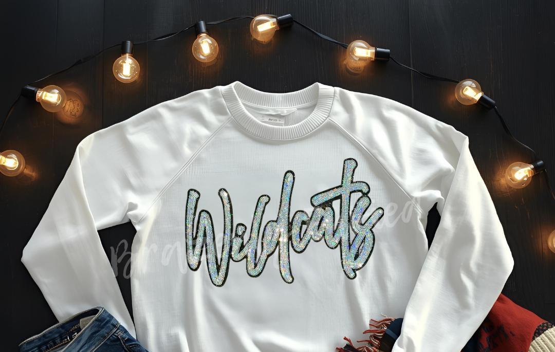 WILDCATS Patch| Silver script Sequins with Black Glitter Backing