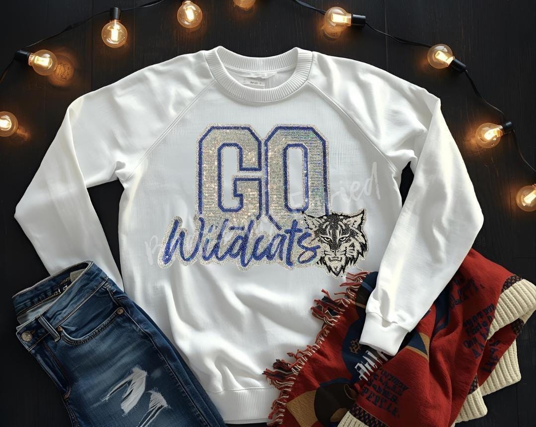 Wildcats Patch GO Wildcats SILVER Royal Blue Sequins Black Glitter Backing Iron On