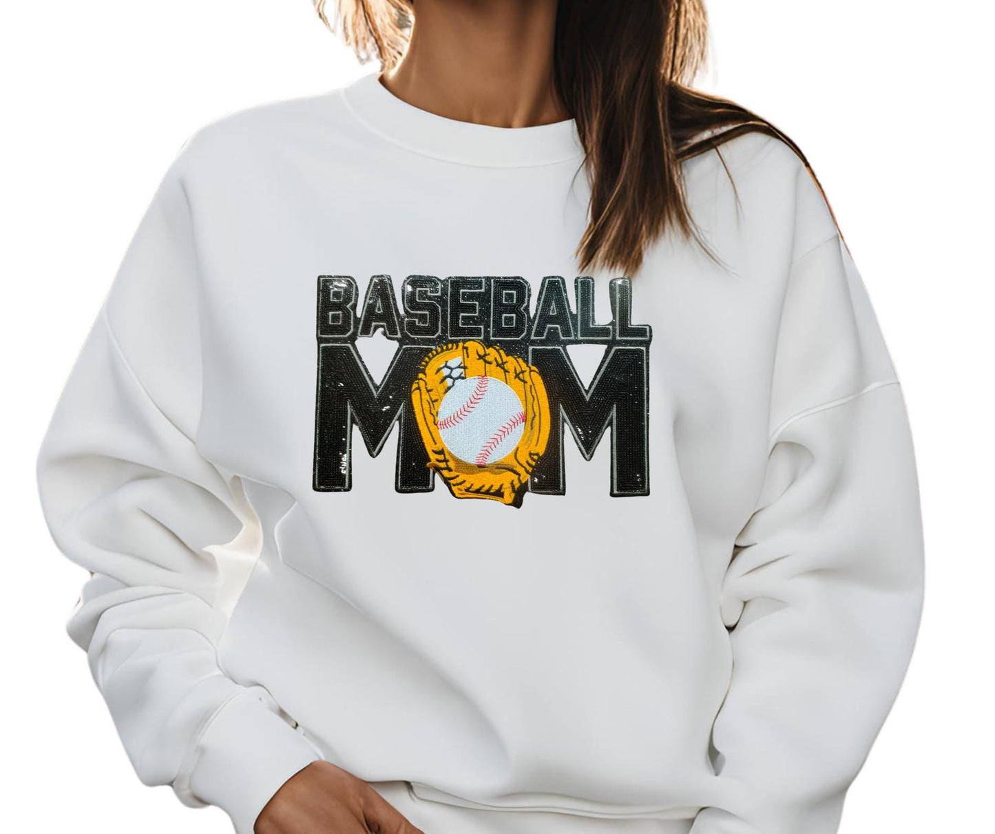 Baseball Mom Sequins Patch: Baseball Iron On Embroidered Mit, Heat Press Ready (11.5"W x 7.5"H)
