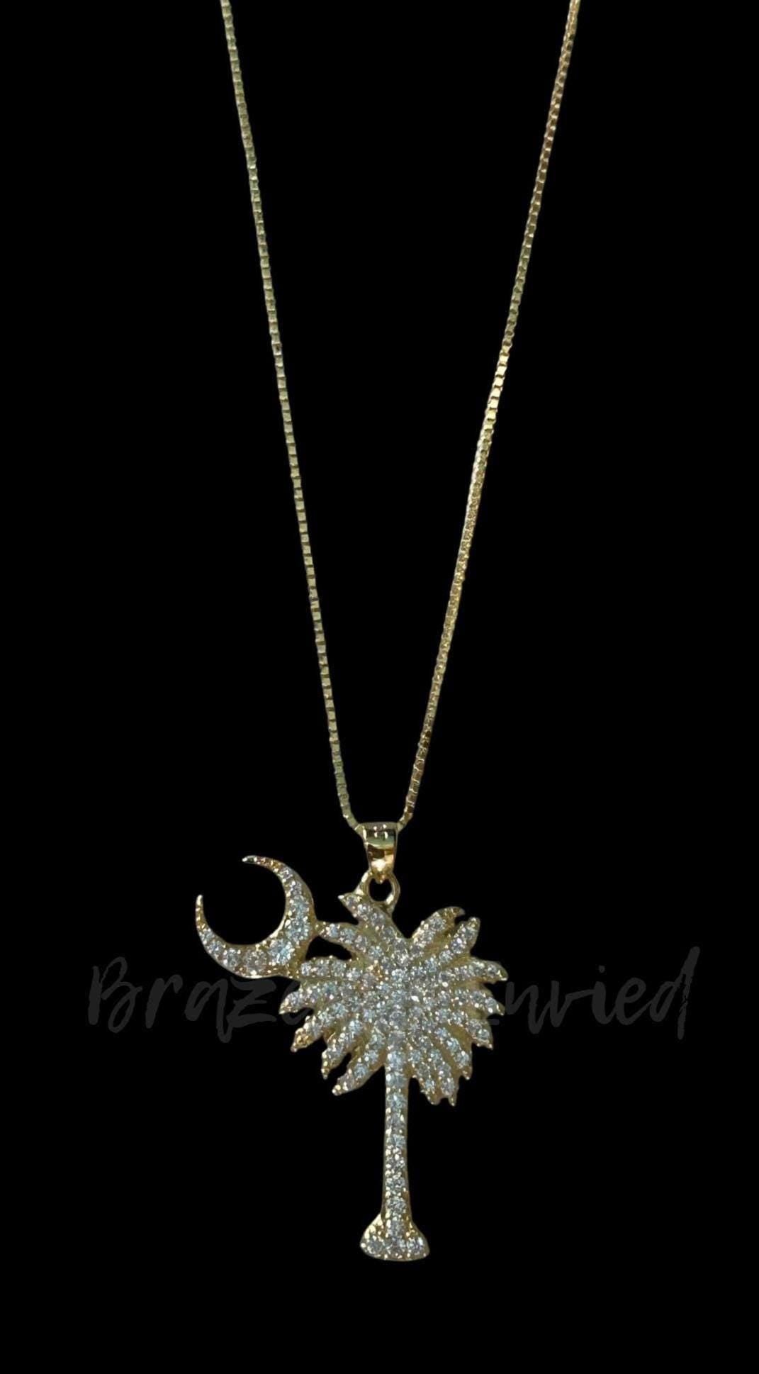 Sterling Silver Necklace with Sterling and Yellow Gold Palmetto Tree & Moon Pendant with Cubic Zirconia -measures at 1.5" L x 1" W