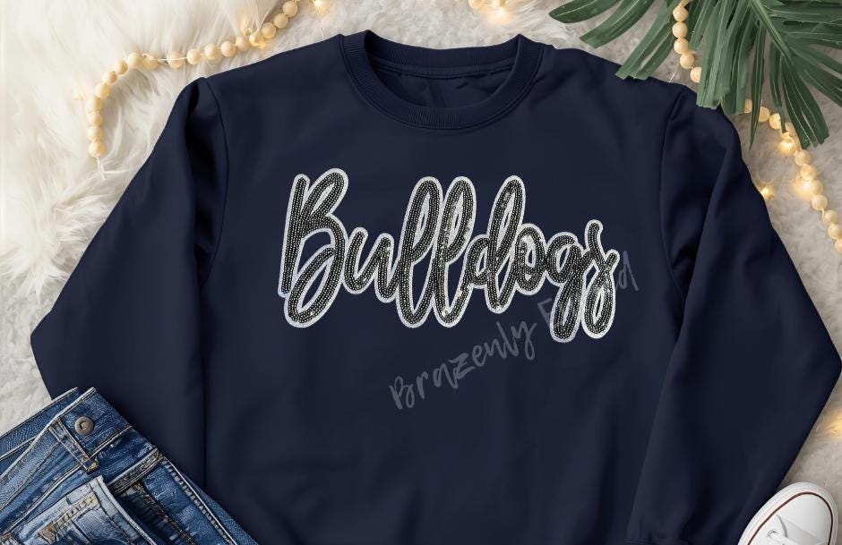 Bulldogs Patch | Iron-On Applique | Black Sequins Script Patch