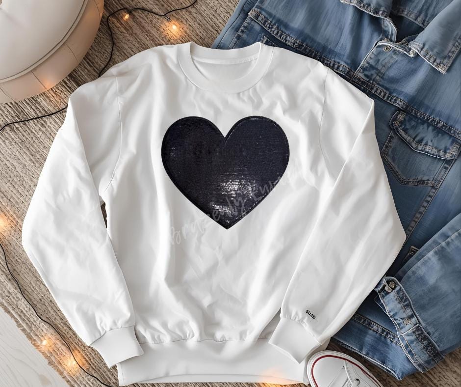 Heart Patch Sequins Iron On Applique Black Sequins 12" W x 10.25" H