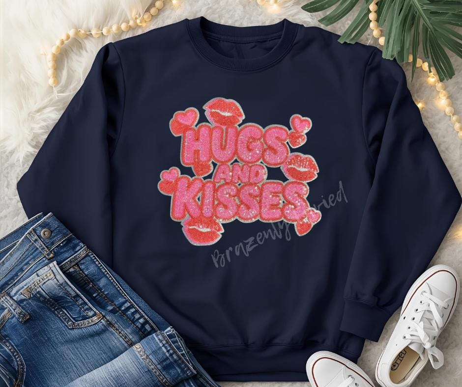 Valentine's Patch Hugs and Kisses - Holiday Iron On Applique