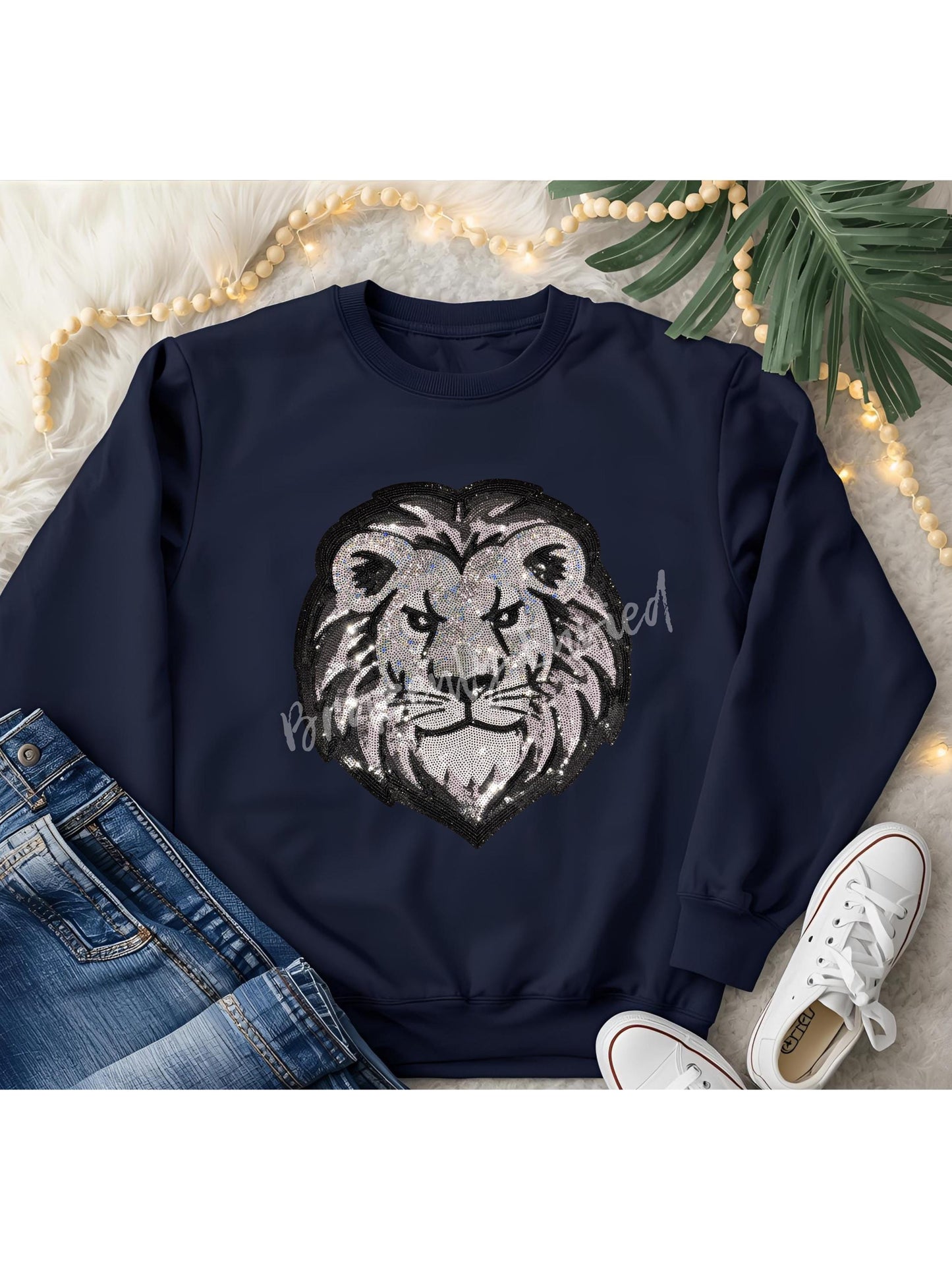 Lions Patch: Silver White and Black Sequins Iron On Applique