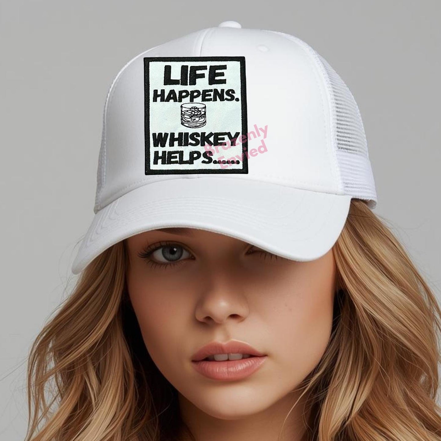 Hat Patch Life Happens Whiskey Helps (3"W x 3.5"H)