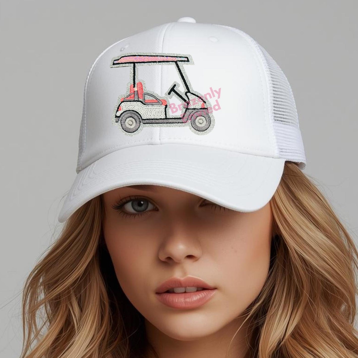 Hat Patch Golf Cart Pink /White Sequins Iron On (3.75"W x 3.5"H)