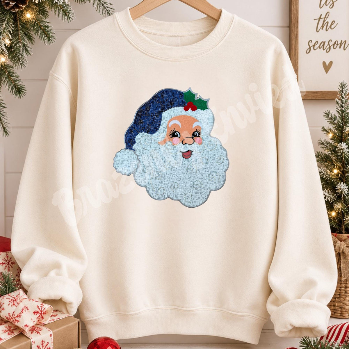 Santa Patch | Blue Sequins Santa Hat Christmas Iron On Applique