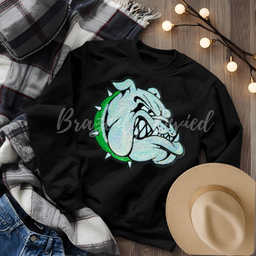 Sequin Bulldog Patch: Iron-On Applique - Green Collar Bulldog Sequin Patch