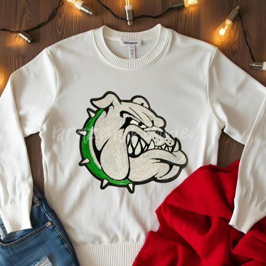 Sequin Bulldog Patch: Iron-On Applique - Green Collar Bulldog Sequin Patch