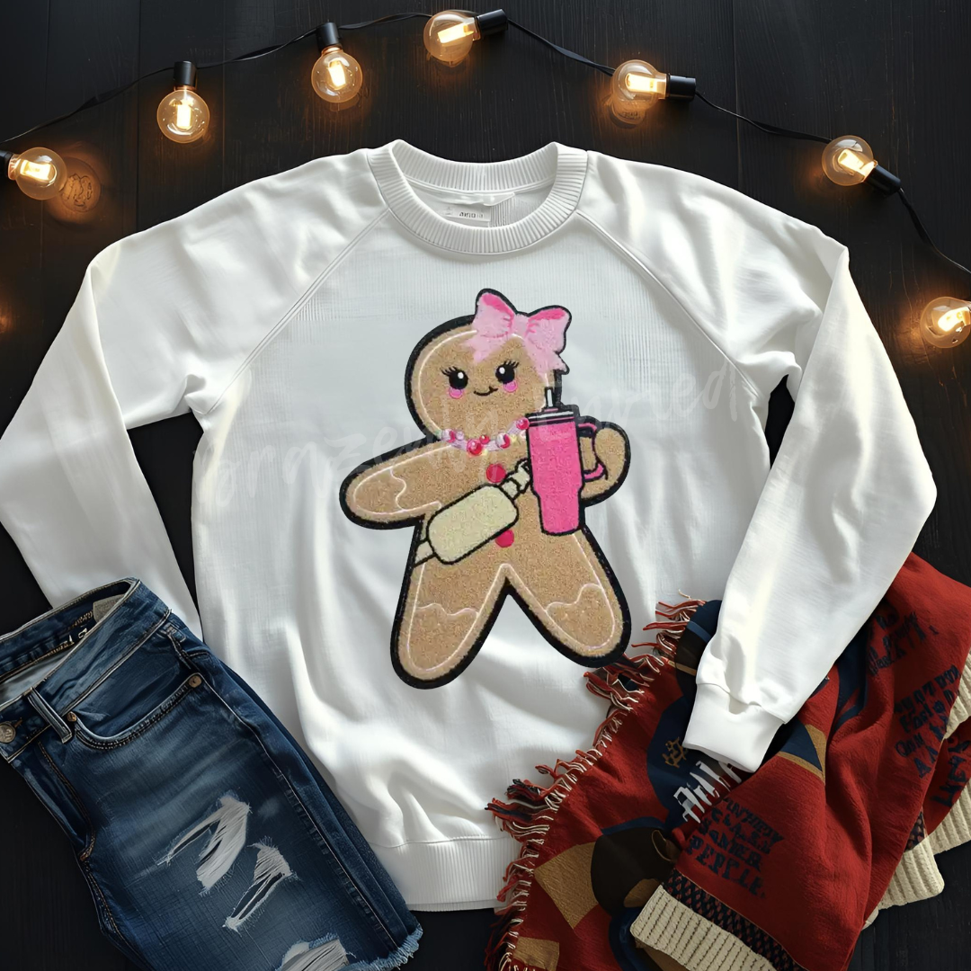 Gingerbread Chenille Patch | Pink Gingerbread Patch | Iron On Ready | Great for Christmas Sweatshirt Santa Patch Boujee Christmas Patch