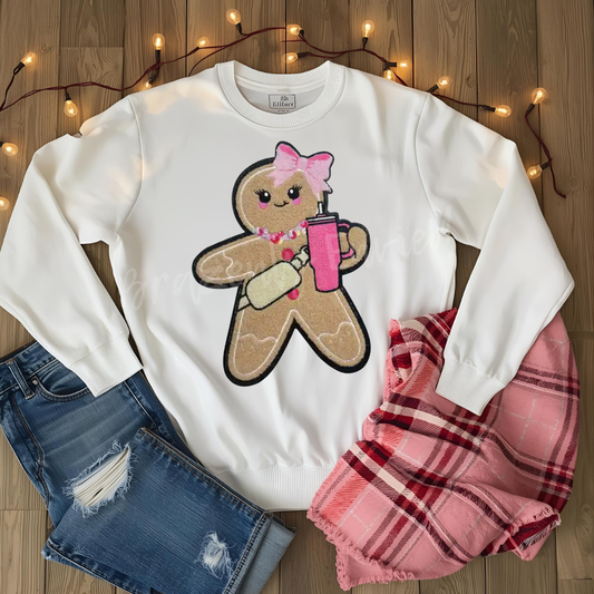 Gingerbread Chenille Patch | Pink Gingerbread Patch | Iron On Ready | Great for Christmas Sweatshirt Santa Patch Boujee Christmas Patch