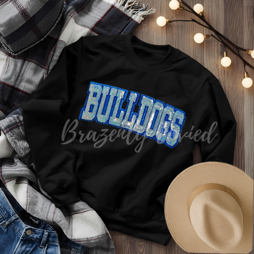 Bulldog Patch |Silver Sequins Bulldogs Block WORD Patch with Royal Blue Silver Backing