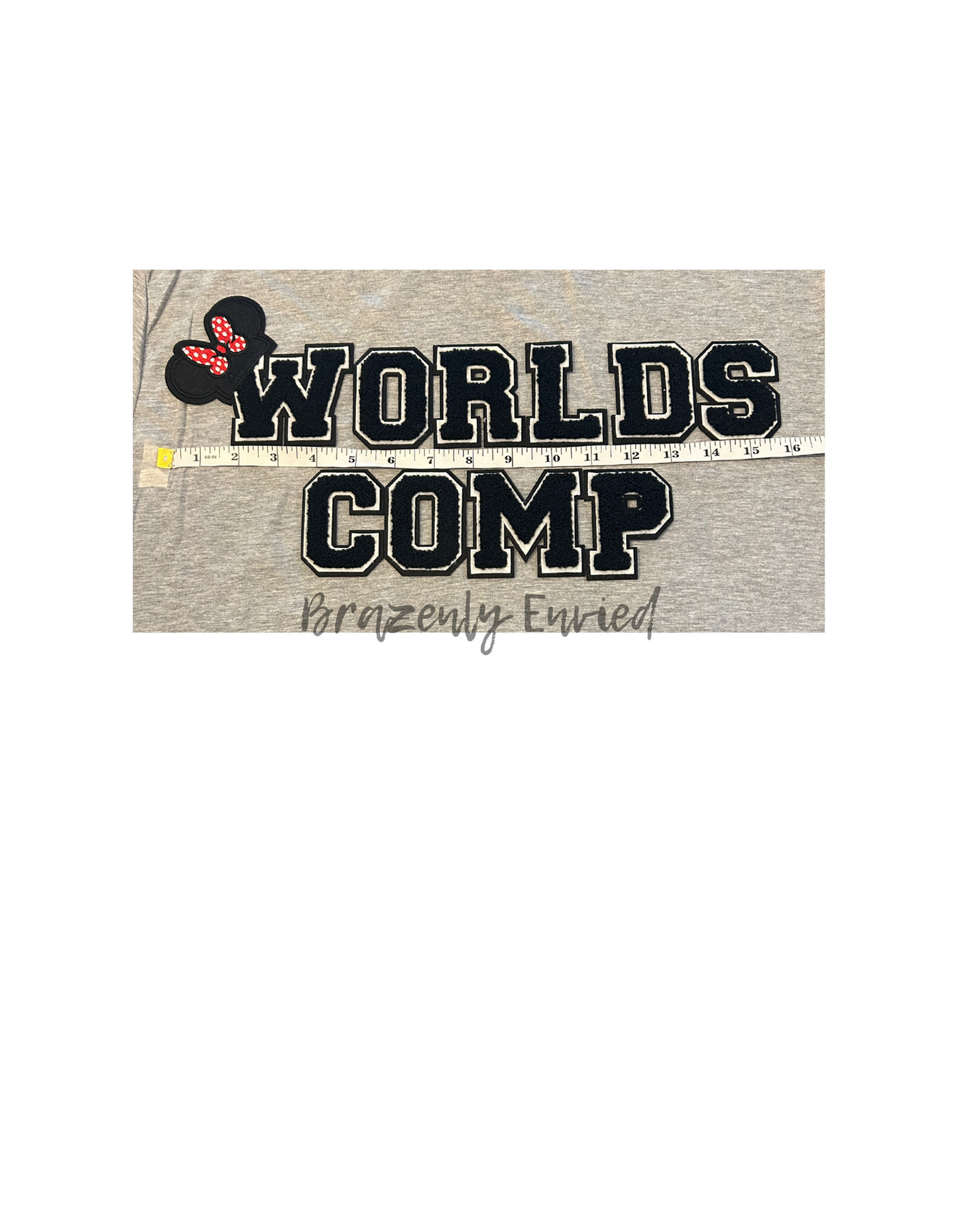 New Cheer Worlds COMP Chenille Letter Patches Get Comp ready with these Letter Patches  Immediate fast shipping @15.5 in wide