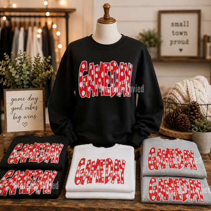 GAMEDAY Red Polka Dot Patch | Red Sequin Game Day Patch | Iron-On Football Patch | School Spirit Sports Apparel | Sports Patch