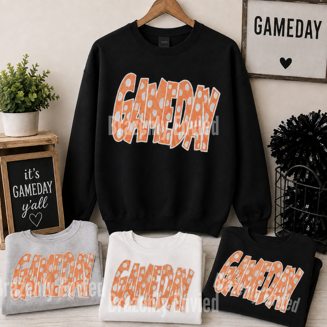 GAMEDAY Orange Polka Dot Patch | Orange Sequin Game Day Patch | Iron-On Football Patch | School Spirit Sports Apparel | Sports Patch