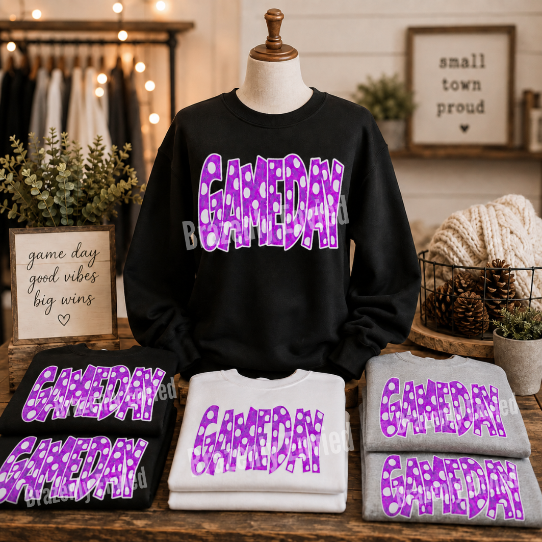GAMEDAY Purple Polka Dot Patch | Purple Sequin Game Day Patch | Iron-On Football Patch | School Spirit Sports Apparel | Sports Patch