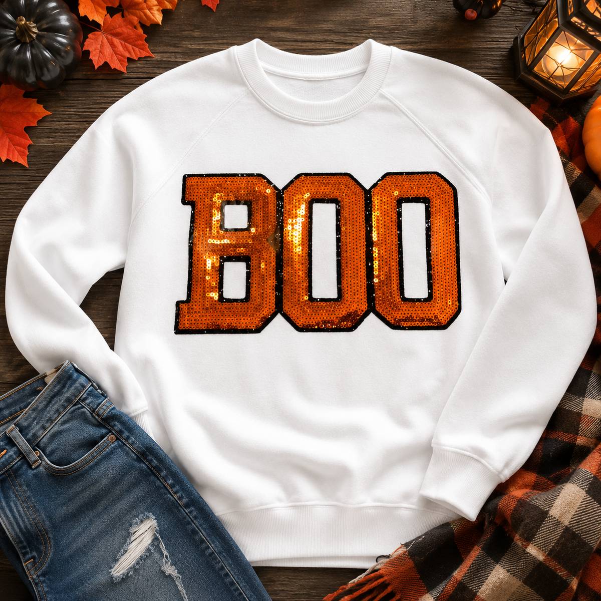 BOO Sequin Patch | Orange Halloween Iron On Patch | Large Spooky Sweatshirt Patch | Halloween Shirt Applique | @ 6.5x11"
