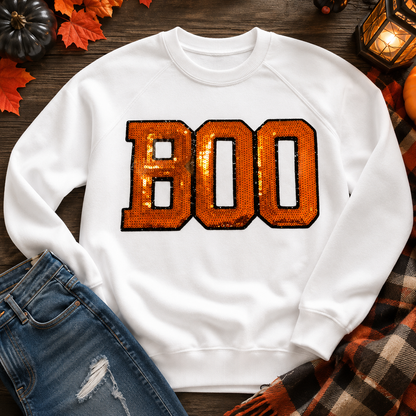 BOO Sequin Patch | Orange Halloween Iron On Patch | Large Spooky Sweatshirt Patch | Halloween Shirt Applique | @ 6.5x11"