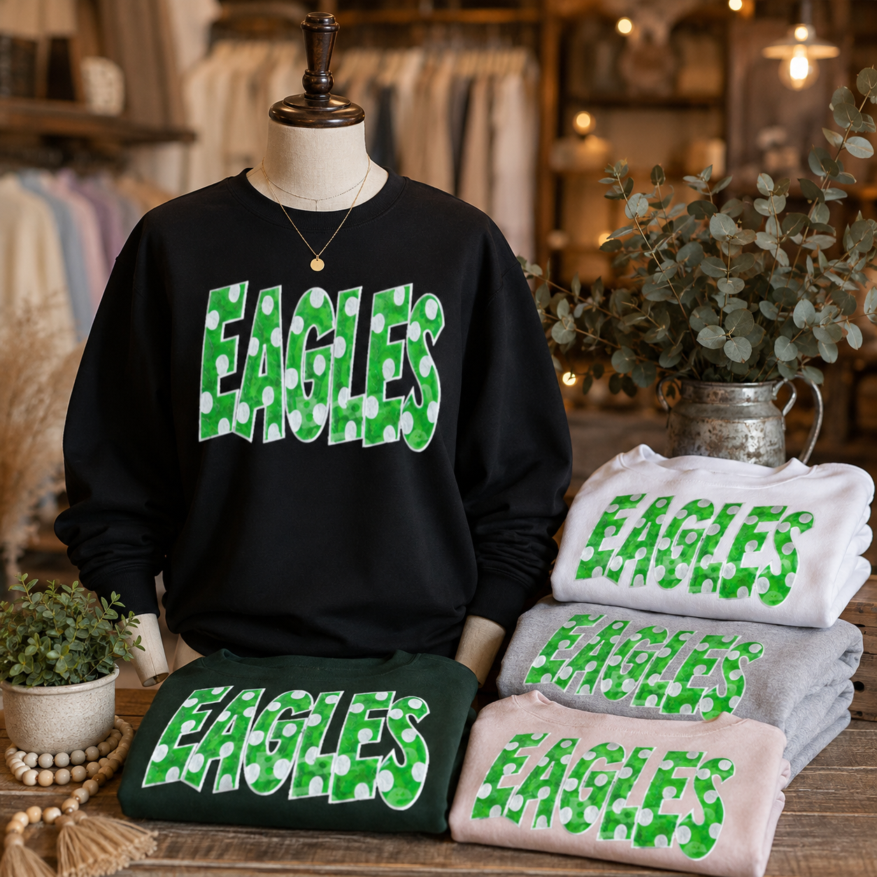 EAGLES Patch Green/White Polka Dot Patch GAMEDAY| Green Sequin Patch | Iron-On Football Patch | School Spirit Sports Apparel | Sports Patch