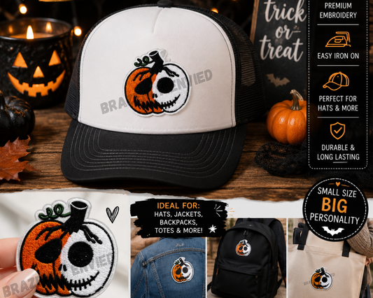 Halloween Pumpkin Skull Hat Patch | Small Embroidered Iron On Patch | Jack O Lantern Skull Applique | Spooky Trucker Hat Patch