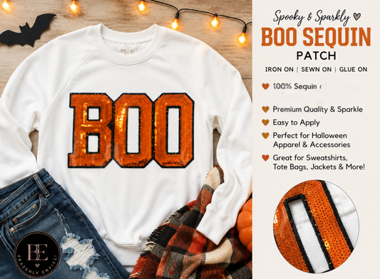 BOO Sequin Patch | Orange Halloween Iron On Patch | Large Spooky Sweatshirt Patch | Halloween Shirt Applique | @ 6.5x11"