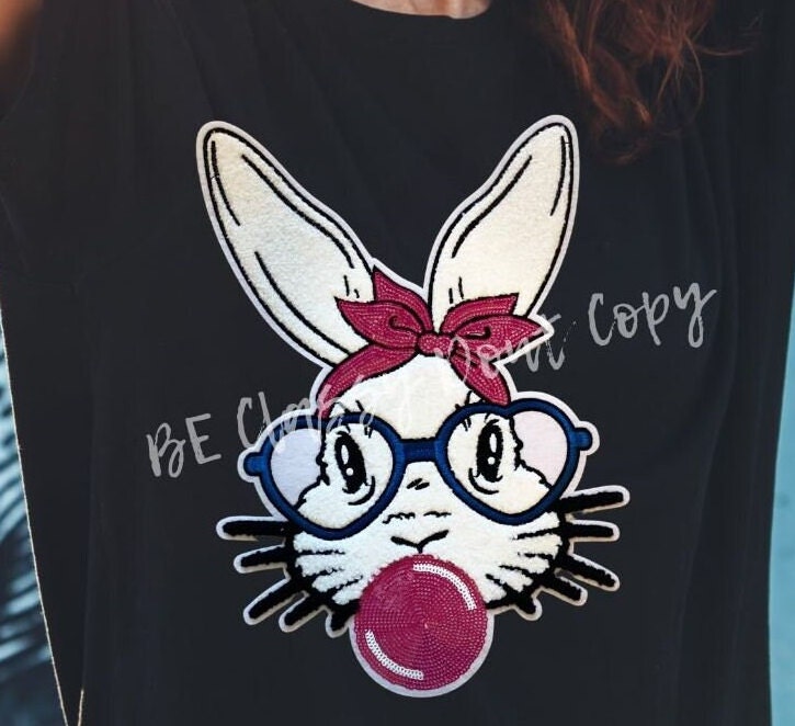 Easter Patch Easter Chenille/Sequins Smart Blue Glasses Bubble gum Blowing Bunny  Great for Easter Shirt