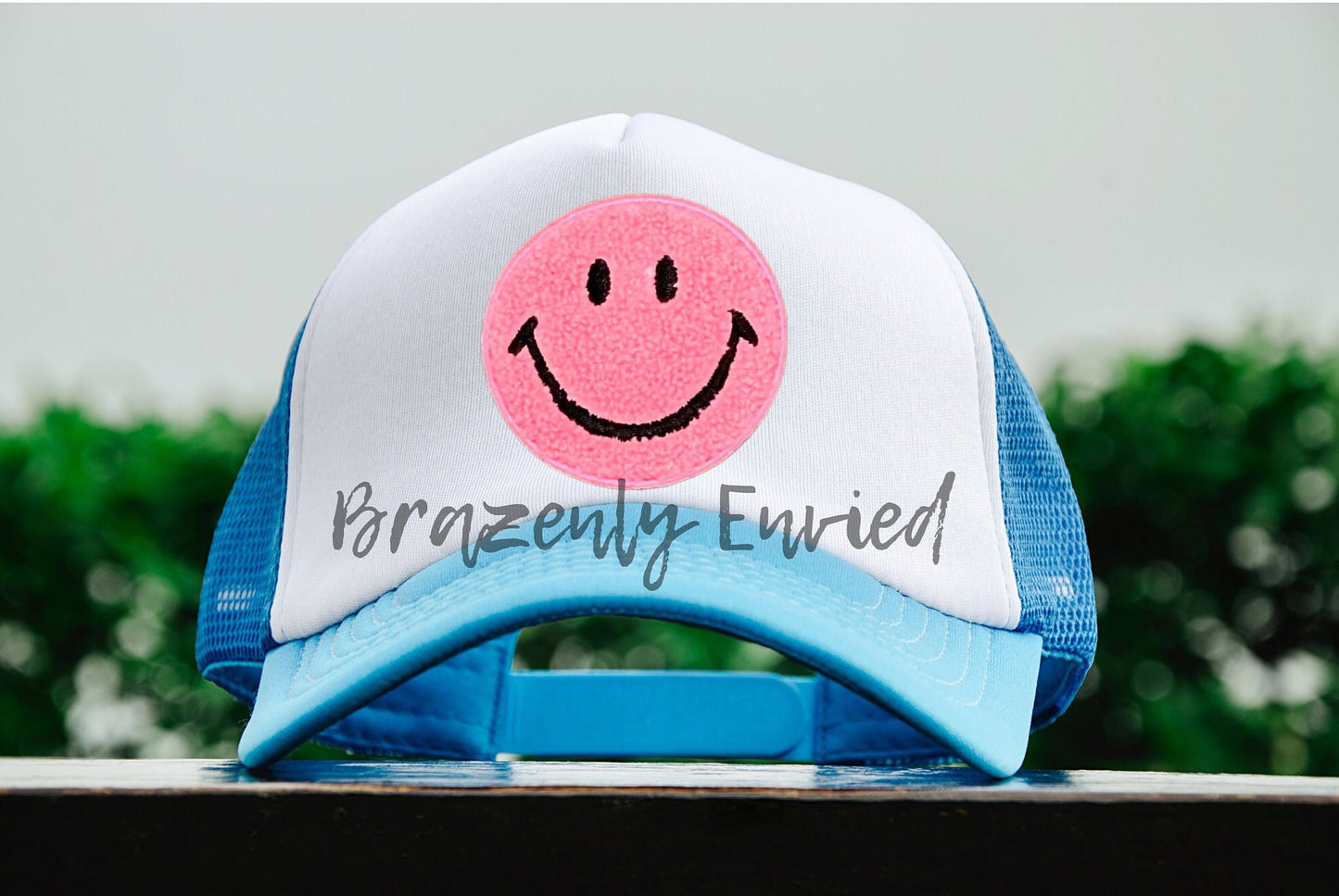 Chenille Patch Trucker Hat Smiley Face Patch  Light Pink