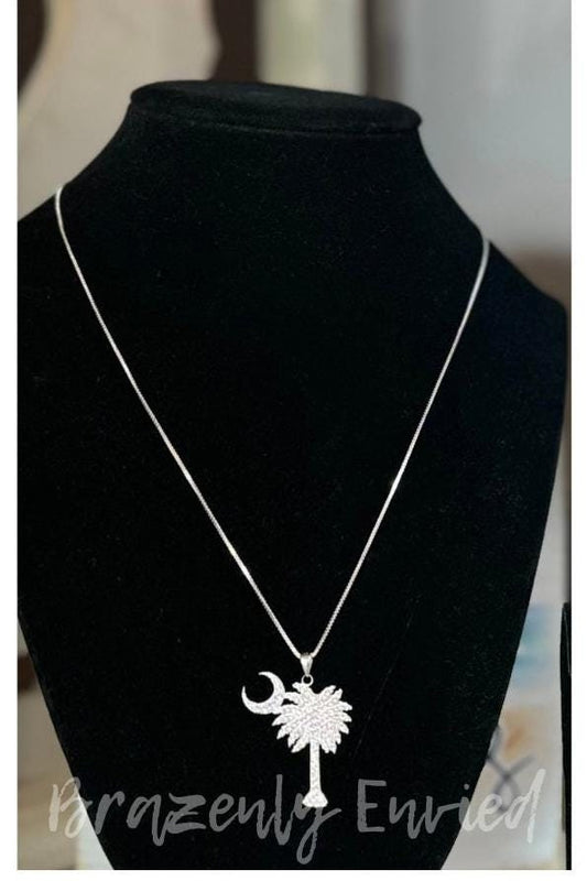 Sterling Silver / Zirconia Palmetto tree and moon pendant and 18 inch sterling silver box chain pendant measures at 1.5" L x 1" W