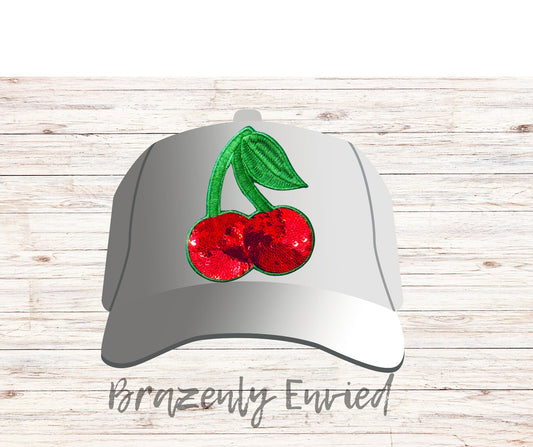 Trucker hat patch Cherries sequins and embroidered 3.5 inch H x 3 inches W  great detail in the sequins very shiny