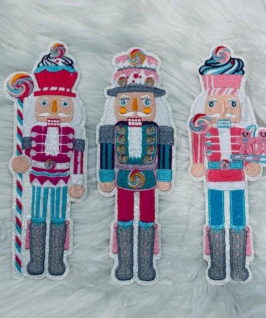 Nutcracker Patch Very Popular Christmas Iron On Chenille Patch 3-NUTCRACKERS Great For shirts/Jackets Iron On-Pink and Turquois Blue/Gray