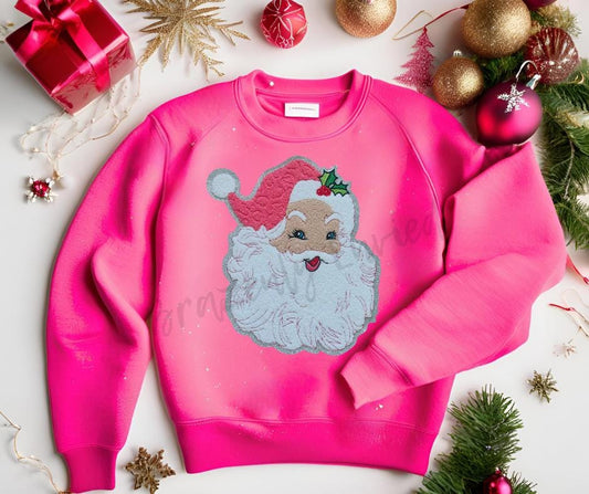 Santa Patch Chenille | Pink Hat Santa Chenille Patch | Vintage Santa Patch | Iron On Ready | Great for Christmas Sweatshirt Santa Patch