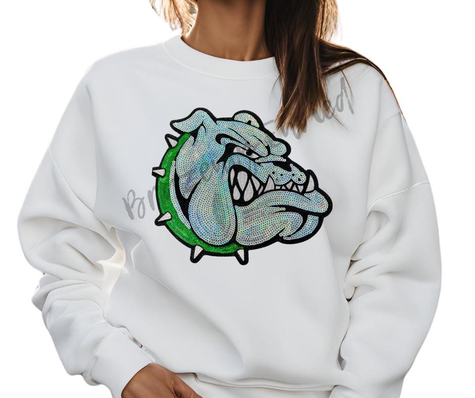 Sequin Bulldog Patch: Iron-On Applique - Green Collar