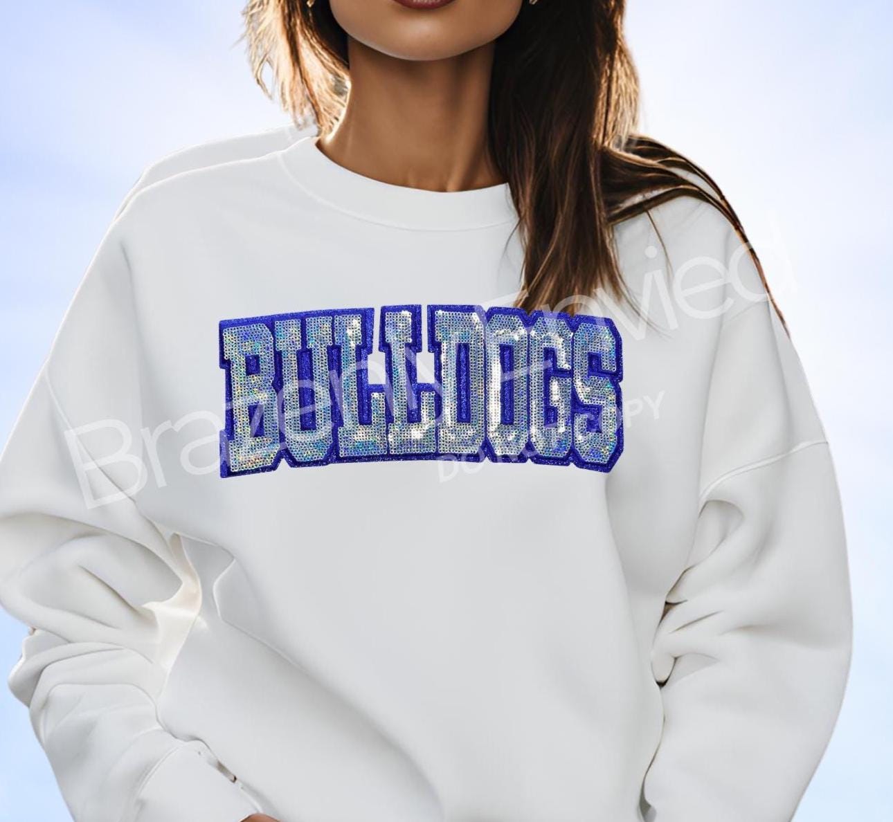 Bulldog Patch |Silver Sequins Bulldogs Block WORD Patch with Royal Blue Silver Backing