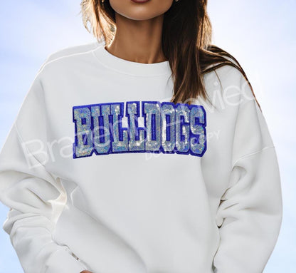Bulldog Patch |Silver Sequins Bulldogs Block WORD Patch with Royal Blue Silver Backing