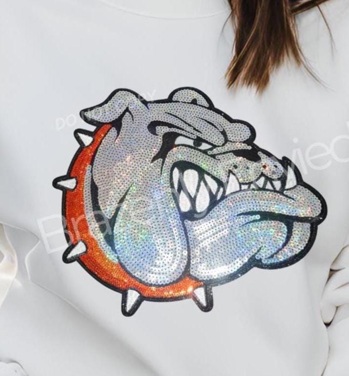 Bulldog Patch| Bulldog with Orange Collar Patch| Iron On Patch |Sequins Bulldog Patch |Great Game Day Patch| Mascot Patch Great Sports Patch