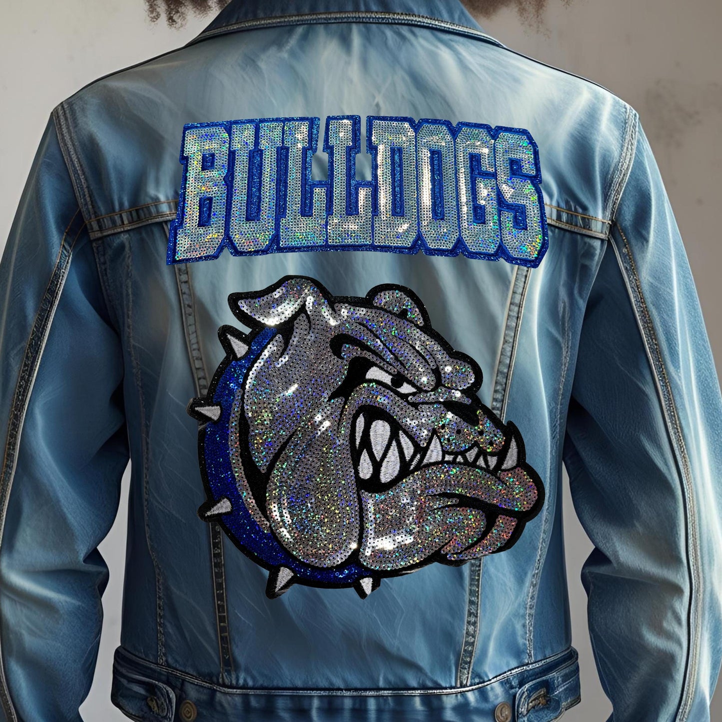 Bulldog Patch |Silver Sequins Bulldogs Block WORD Patch with Royal Blue Silver Backing