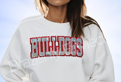 Sequin Bulldogs Patch Silver Sequins with Red Glitter Backing DIY Iron On Applique Sports Apparel