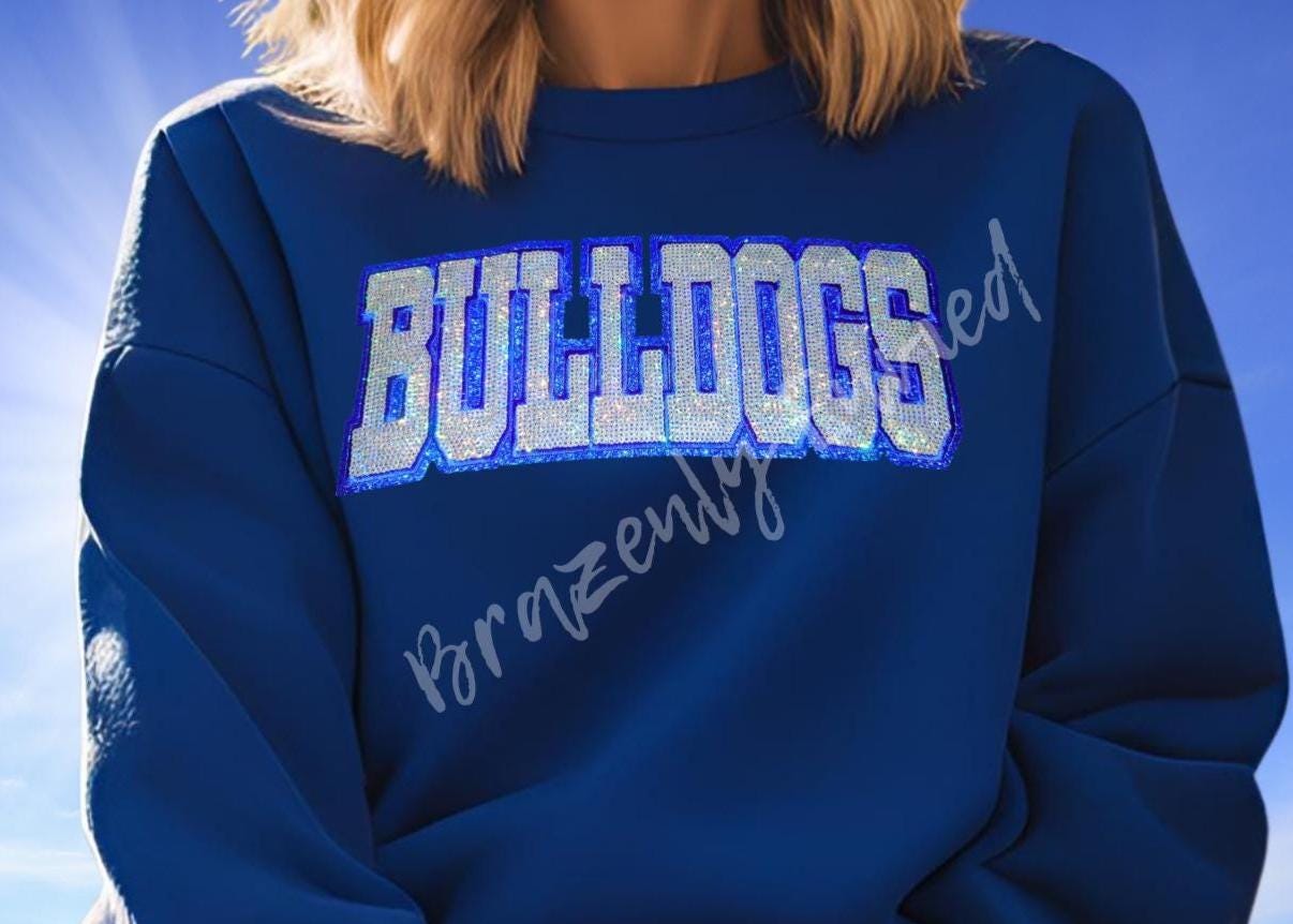 Bulldog Patch |Silver Sequins Bulldogs Block WORD Patch with Royal Blue Silver Backing