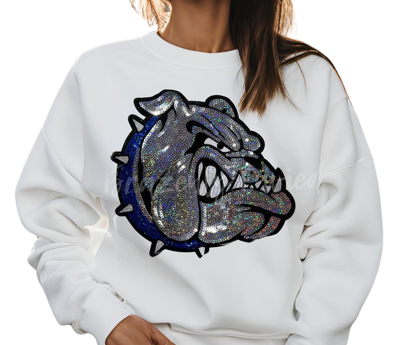 Bulldog Patch | Iron-On Applique | Sequins with Blue Collar