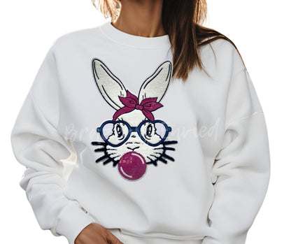 Easter Patch Easter Chenille/Sequins Smart Blue Glasses Bubble gum Blowing Bunny  Great for Easter Shirt