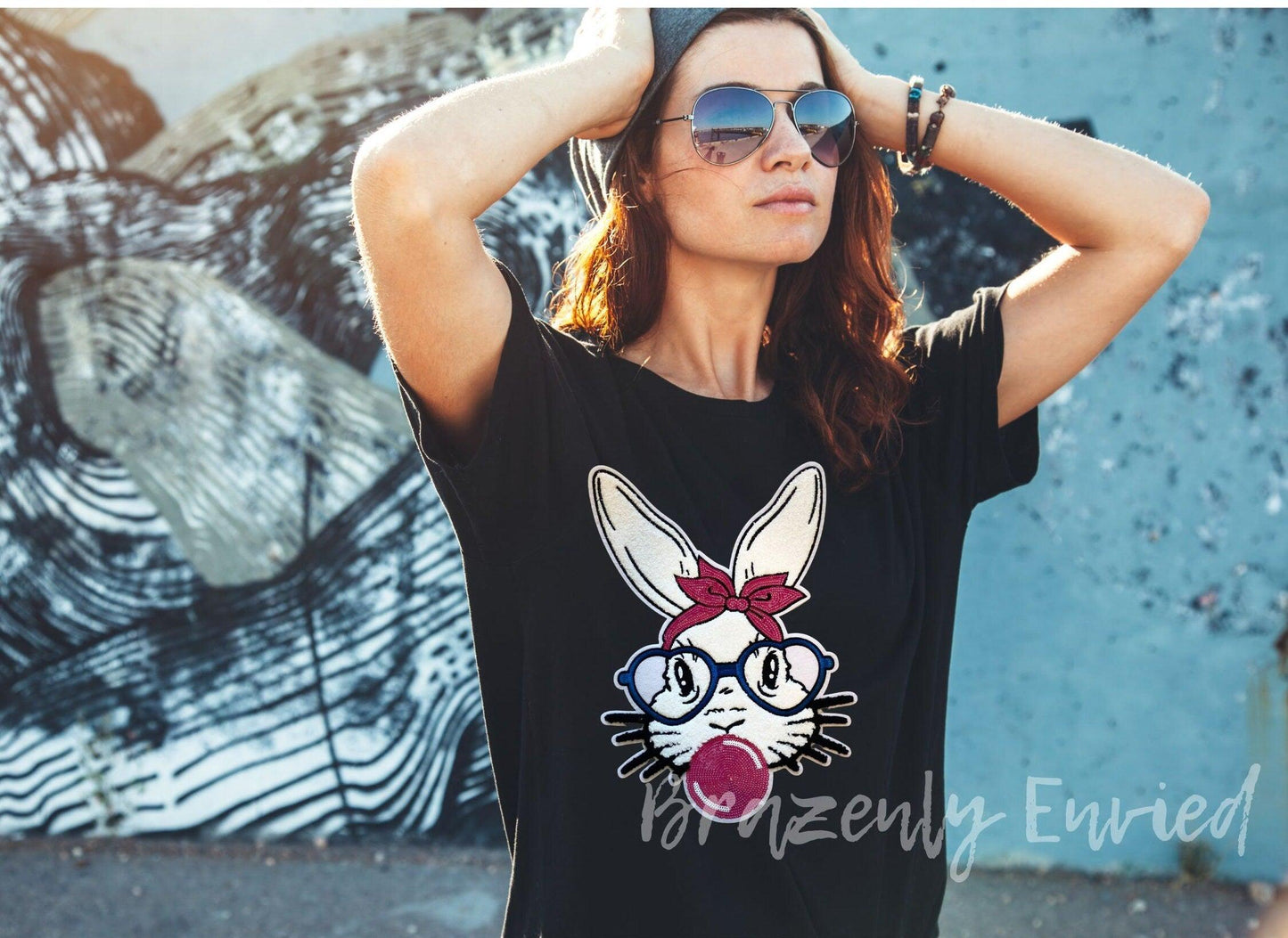 Easter Patch Easter Chenille/Sequins Smart Blue Glasses Bubble gum Blowing Bunny  Great for Easter Shirt