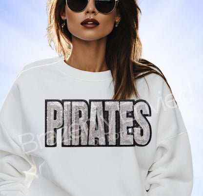 PIRATES Patch Silver Sequins with Black Glitter Backing Iron On